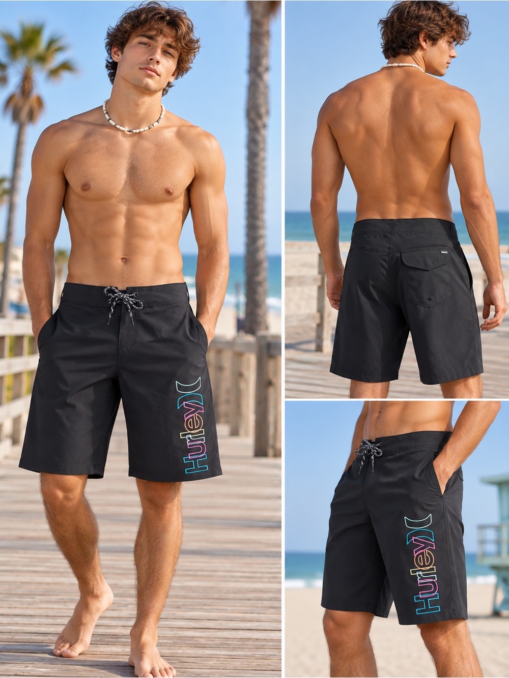 Hurley Men’s Black Multicolor Logo Boardshorts Swim Trunks Size 30